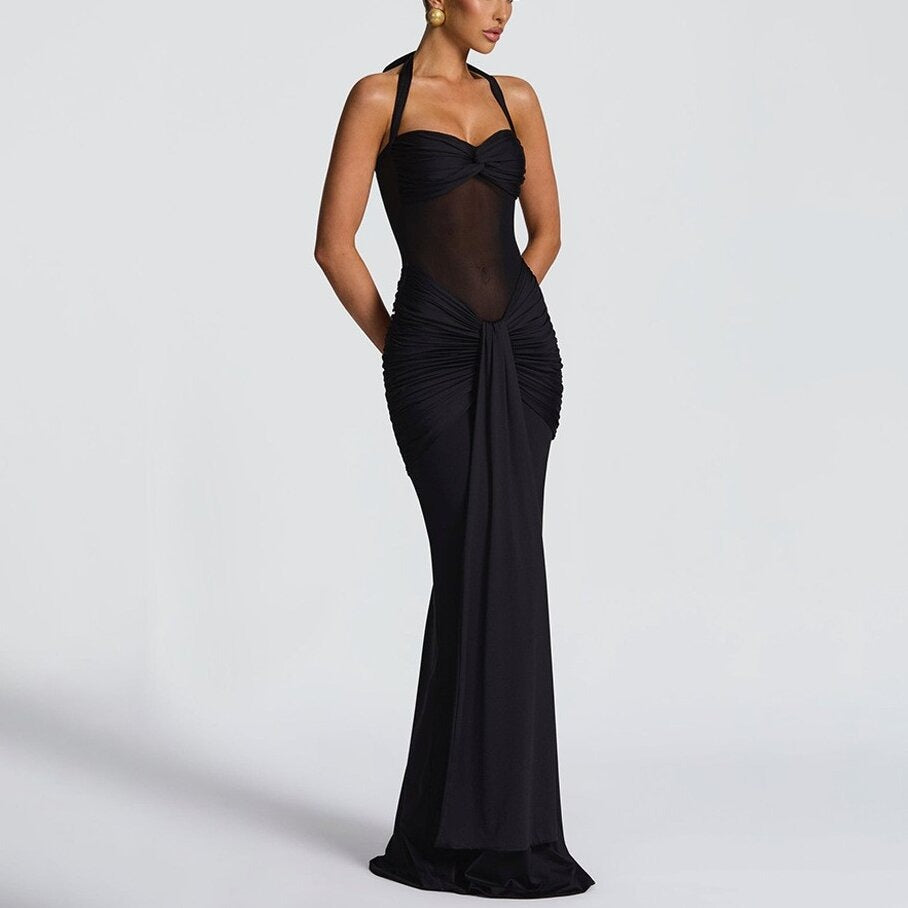 Fitted Long Ruched Dress for Women – Evening Dress with Sheer Panel