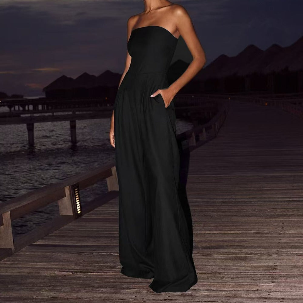 Women’s Strapless Wide-Leg Jumpsuit – Elegant Fitted Flowing Fit