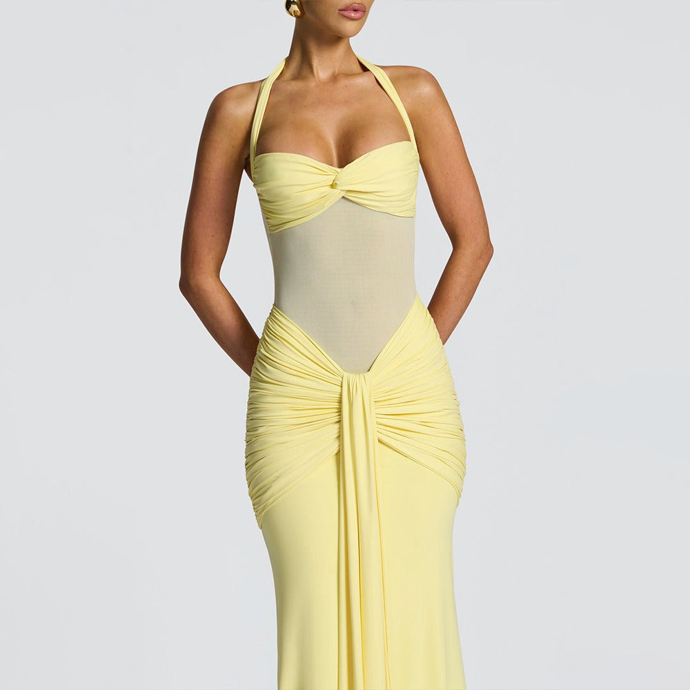 Fitted Long Ruched Dress for Women – Evening Dress with Sheer Panel