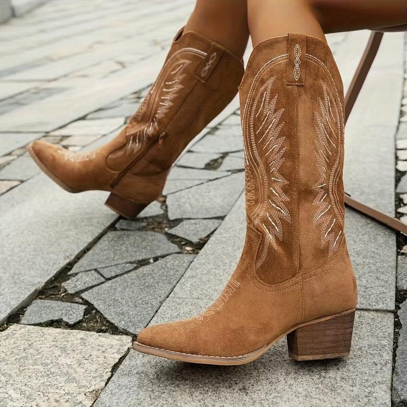 Women's Satin Embroidered Boot – Tall Shaft and Block Heel