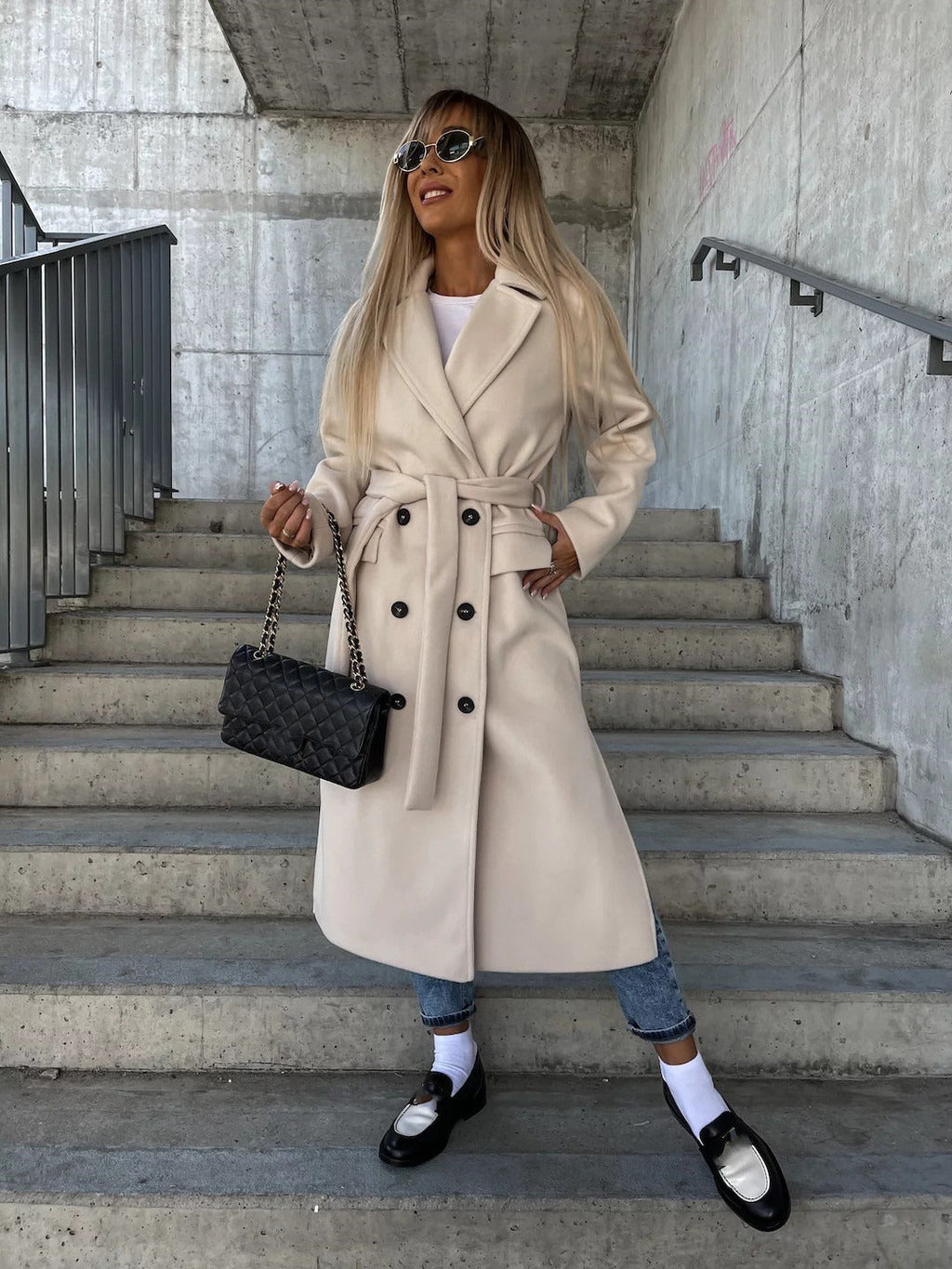 Women's Long Double-Breasted Coat – Belted Jacket with Split Lapels
