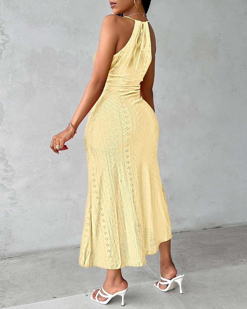 Midi Lace Dress for Women – Halter Neck with Front Slit