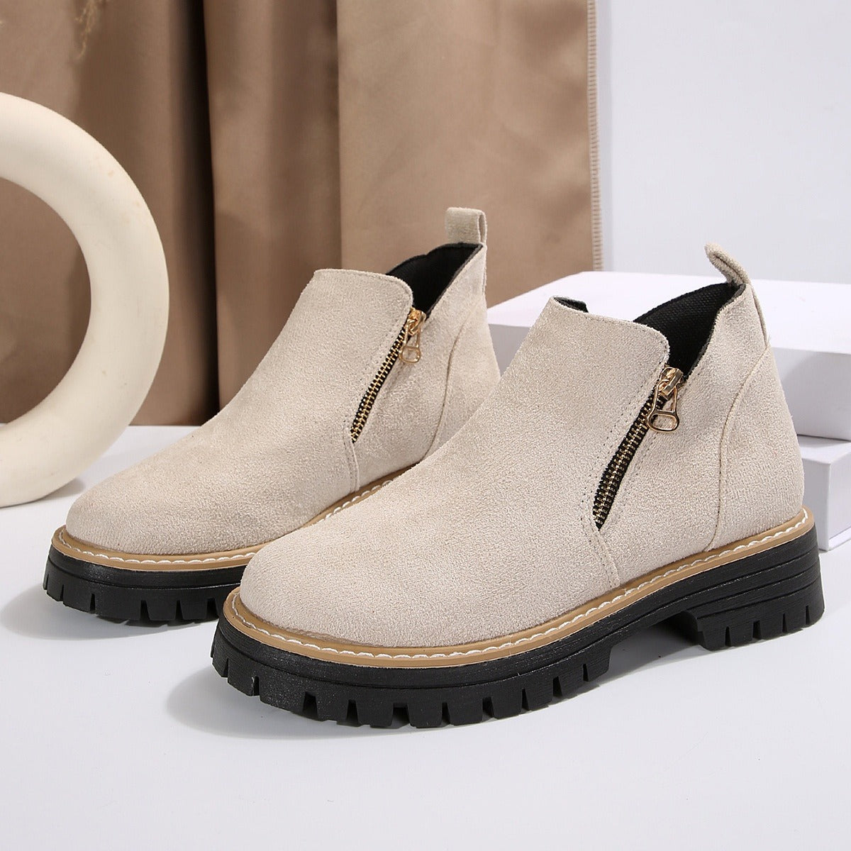 Women's Suede-Effect Ankle Boots - Side Zip, Chunky Sole