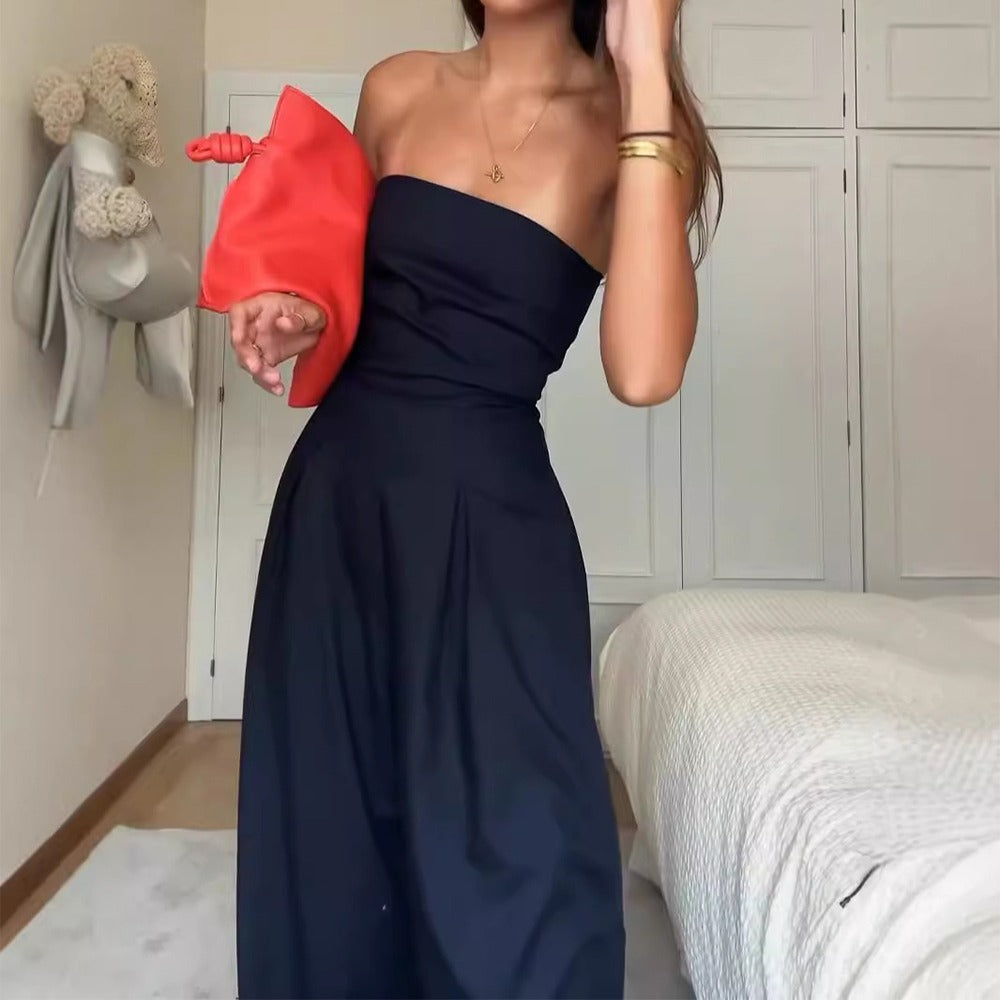 Women’s Strapless Wide-Leg Jumpsuit – Elegant Fitted Flowing Fit