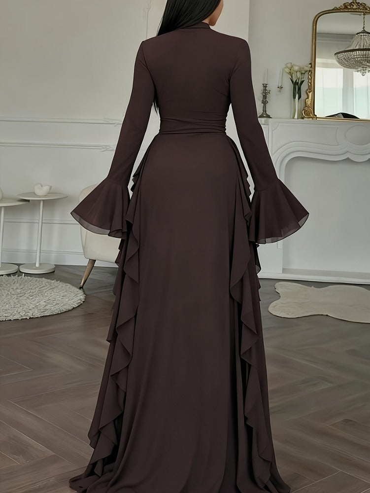 Women's Long Dress with Ruffles – Lightweight Flowing Fabric and Flared Sleeves