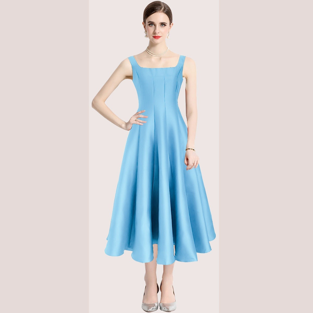 Vintage Women's Midi Dress with Straps – Sleeveless Fitted Cut