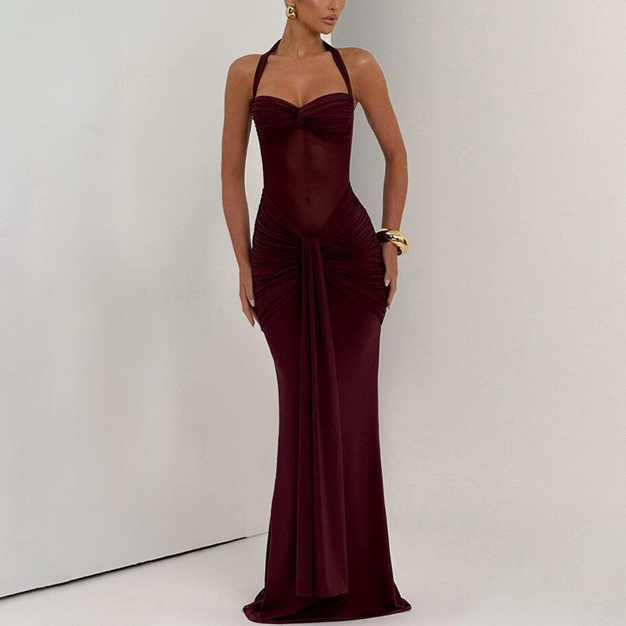 Fitted Long Ruched Dress for Women – Evening Dress with Sheer Panel