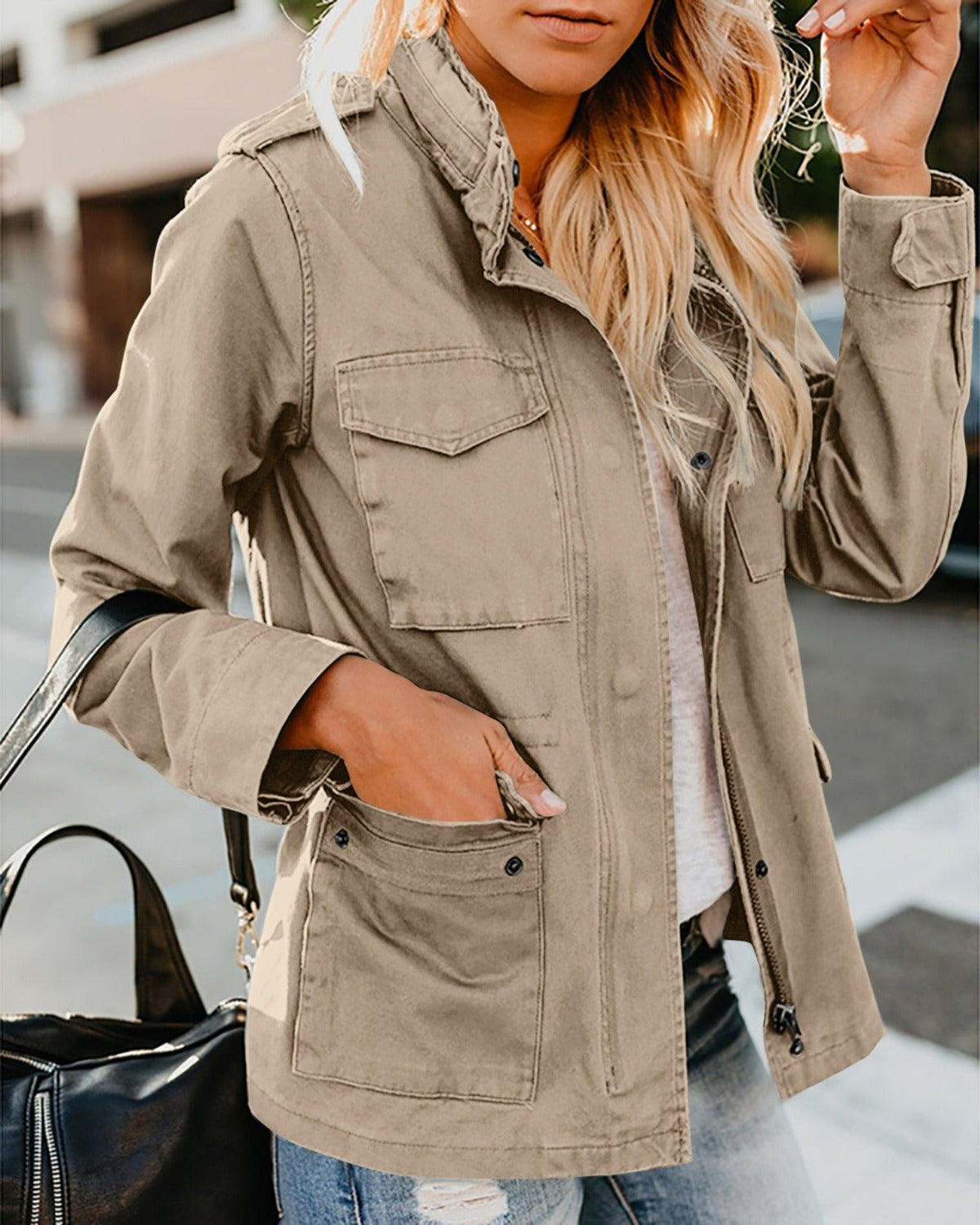 Women's Casual Utility-Style Jacket – Oversized Zipped Fit