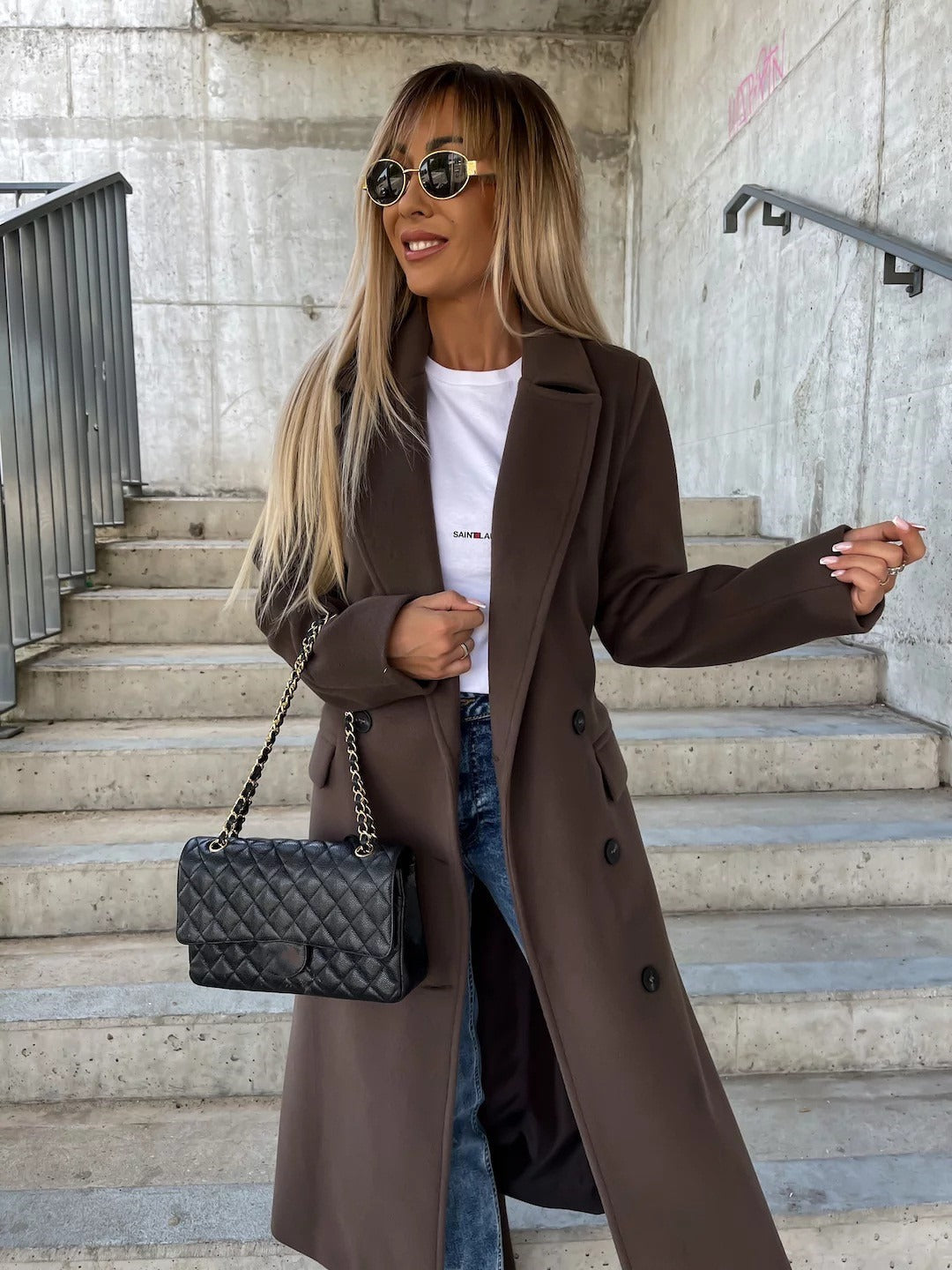 Women's Long Double-Breasted Coat – Belted Jacket with Split Lapels