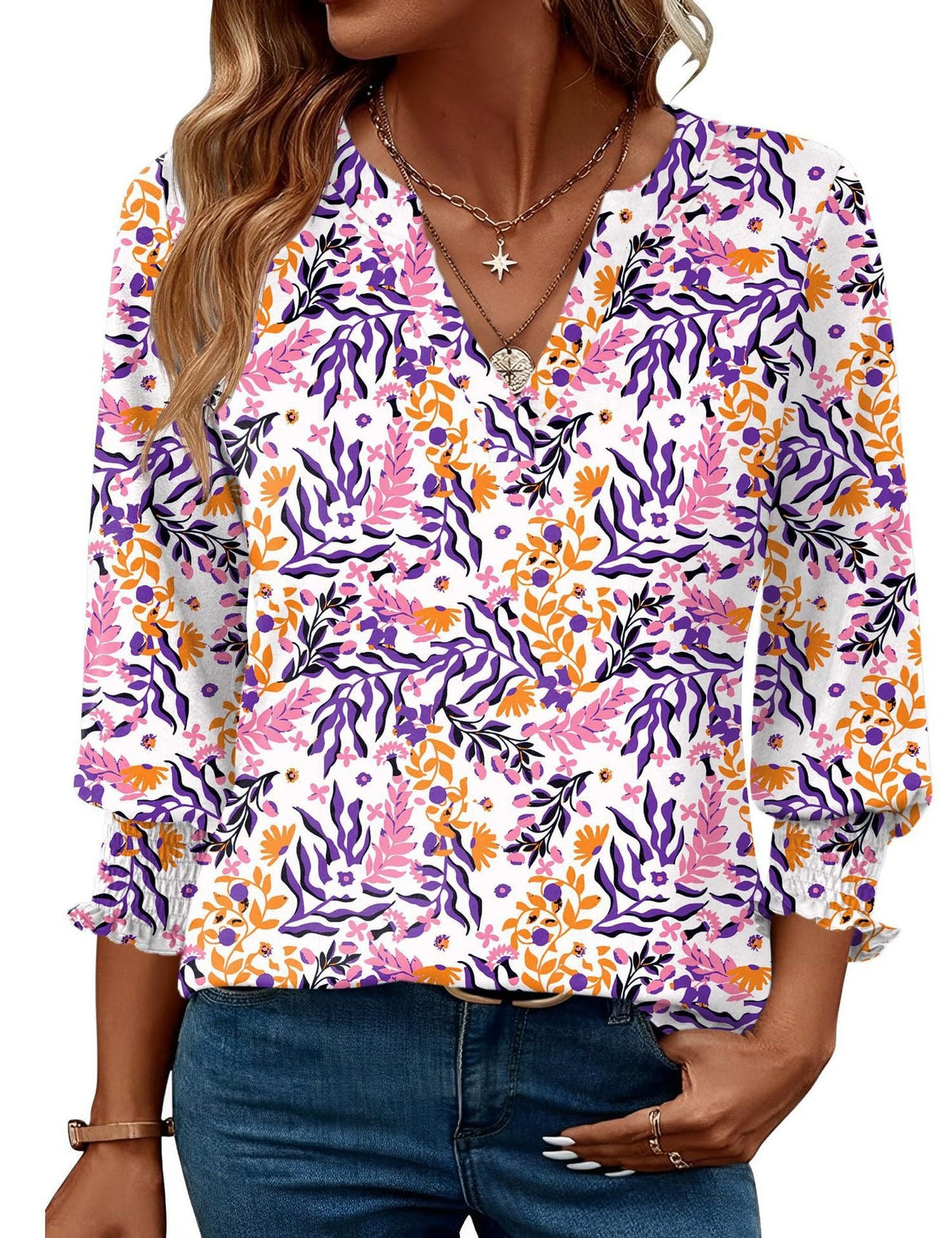Women's Floral Print Blouse – Casual Three-Quarter Sleeves