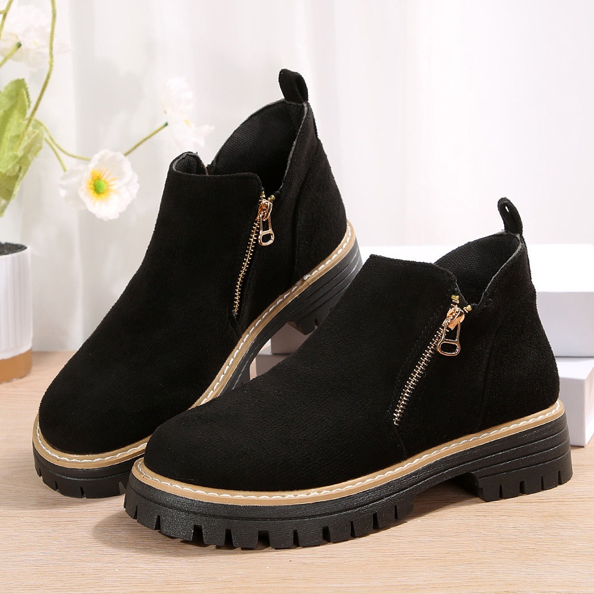 Women's Suede-Effect Ankle Boots - Side Zip, Chunky Sole