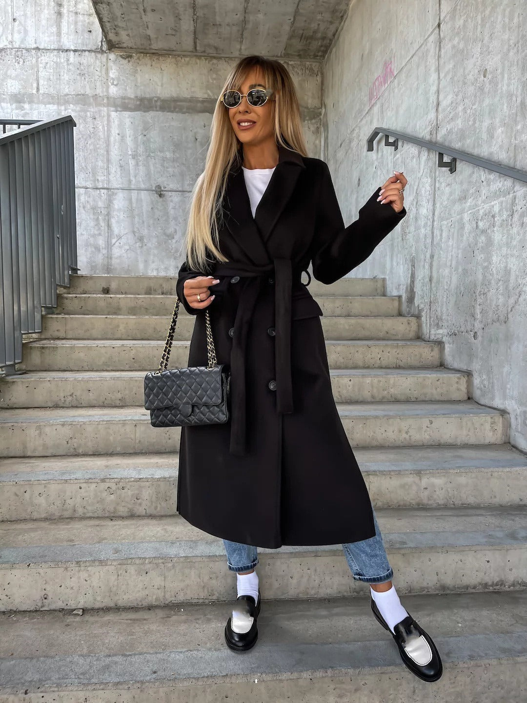 Women's Long Double-Breasted Coat – Belted Jacket with Split Lapels