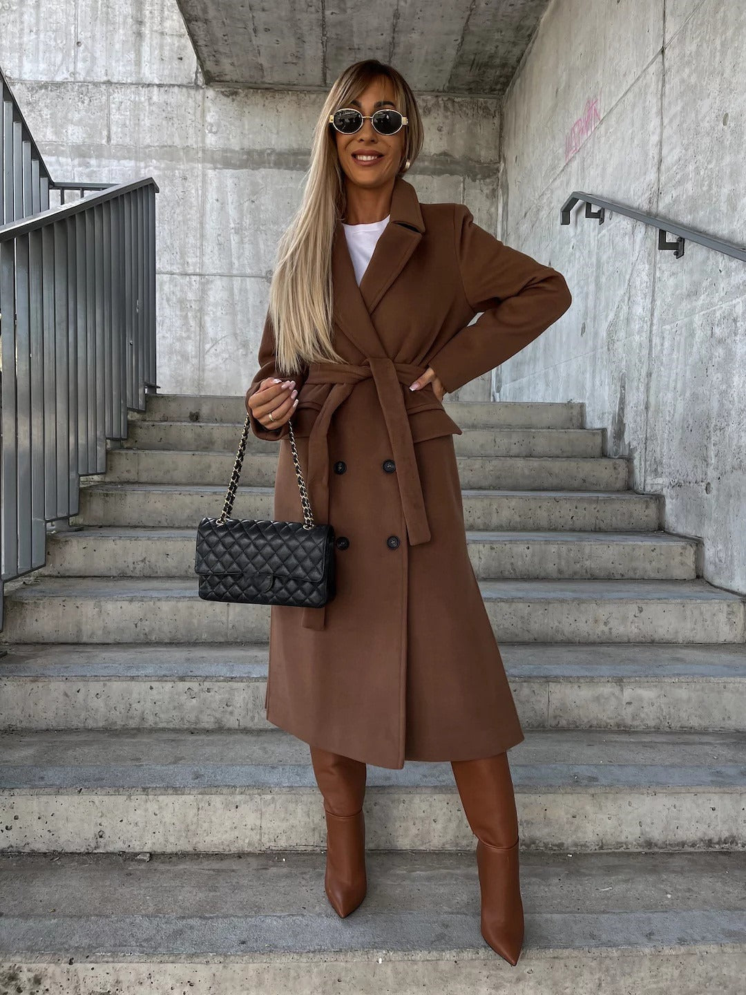 Women's Long Double-Breasted Coat – Belted Jacket with Split Lapels