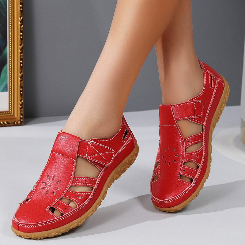 Women's Closed-Toe Sandals – Cutout Upper with Contrasting Topstitching Velcro Closure
