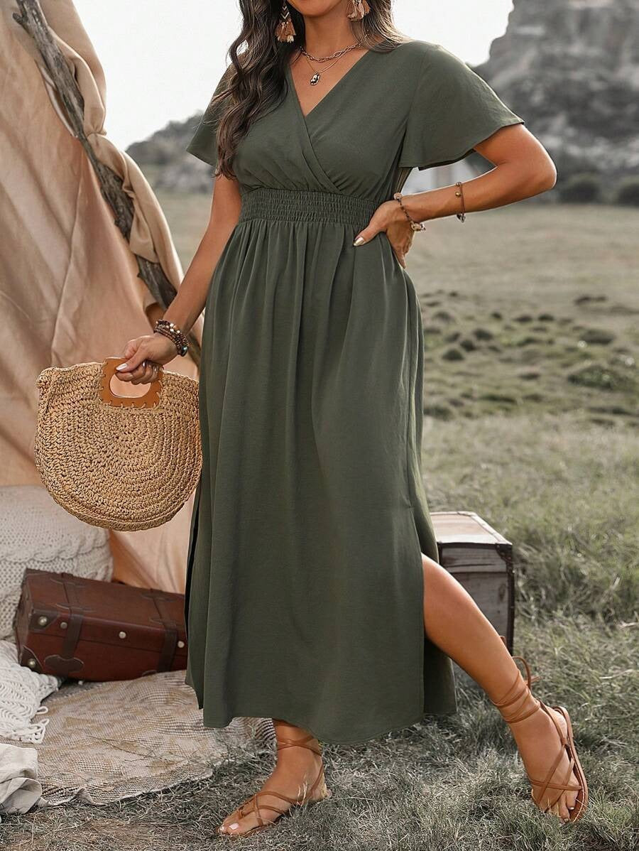 Women's Long Dress with V-Neck, Flared Sleeves – Slit and Elastic Waist