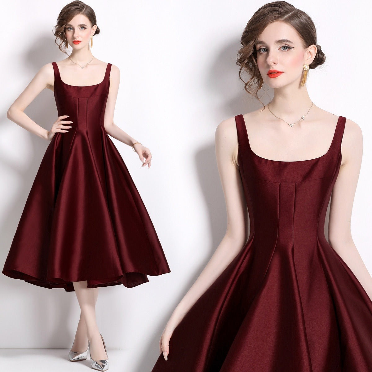 Vintage Women's Midi Dress with Straps – Sleeveless Fitted Cut