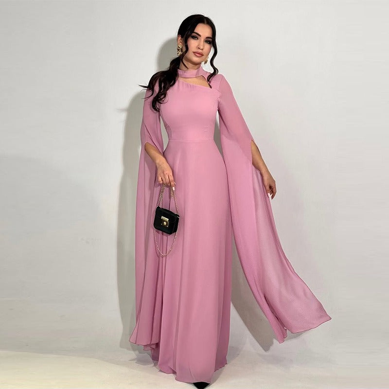 Women's Long Dress A-Line – Asymmetric Neckline with Cutout