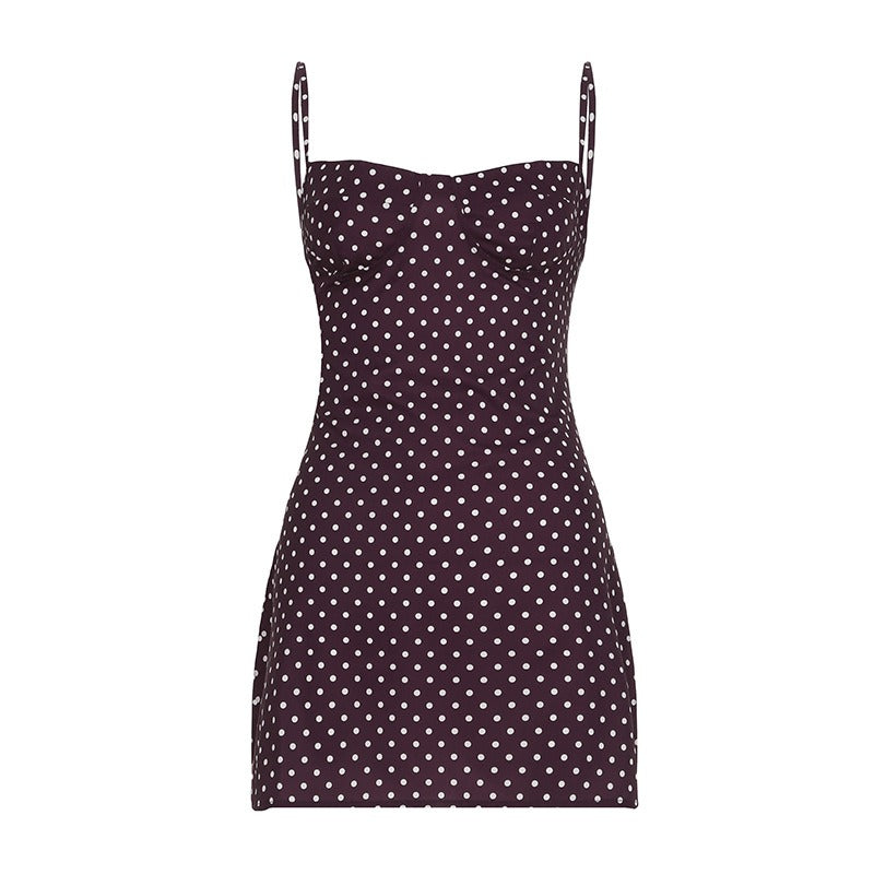 Women's Short Fitted Dress with Polka Dots – Heart Neckline and Lightweight Stretch Fabric