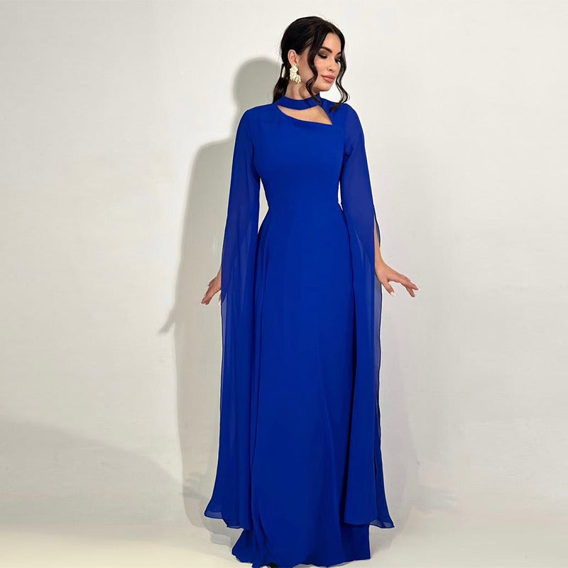 Women's Long Dress A-Line – Asymmetric Neckline with Cutout