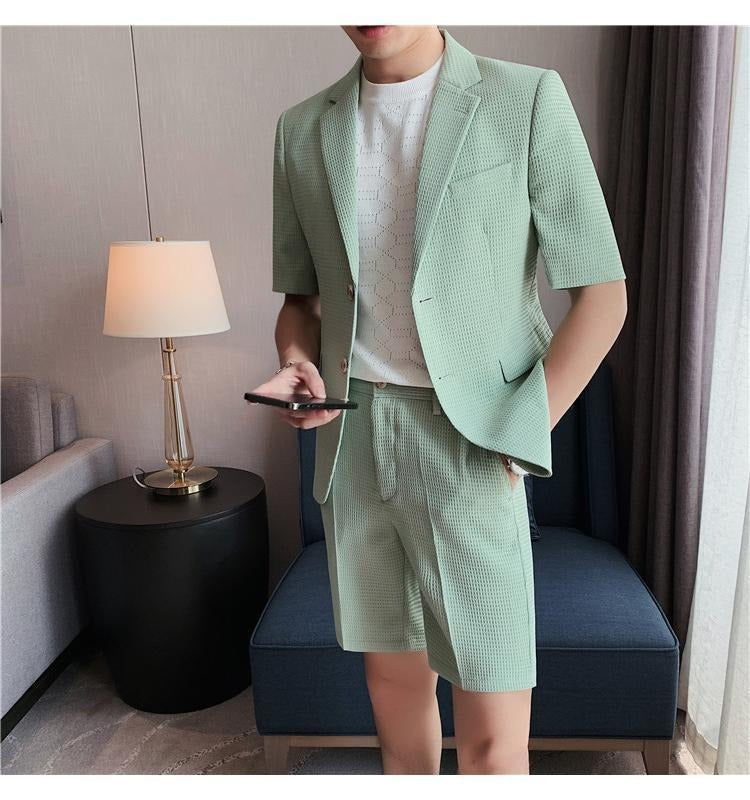 Men’s Textured Short-Sleeve Suit Set – Breathable Slim Fit