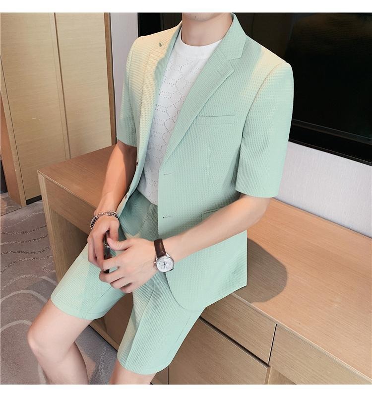 Men’s Textured Short-Sleeve Suit Set – Breathable Slim Fit