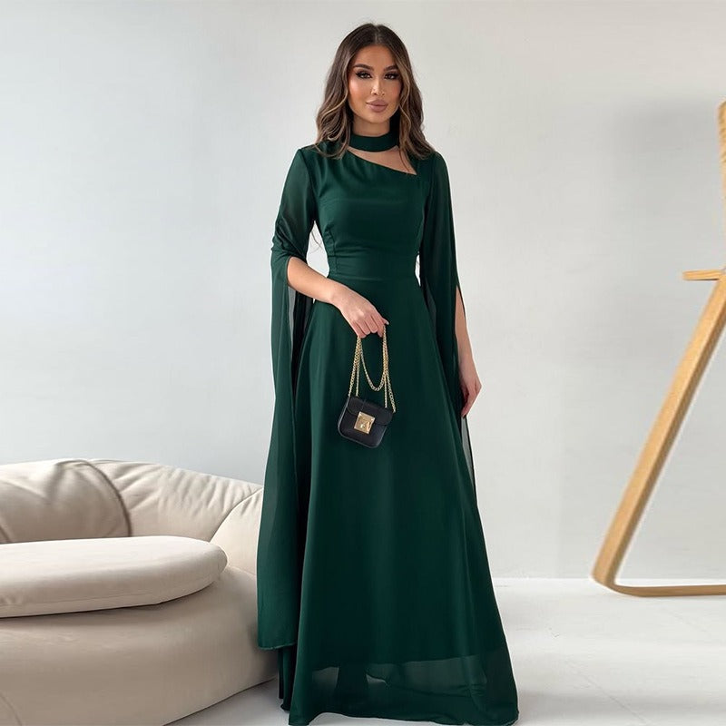 Women's Long Dress A-Line – Asymmetric Neckline with Cutout