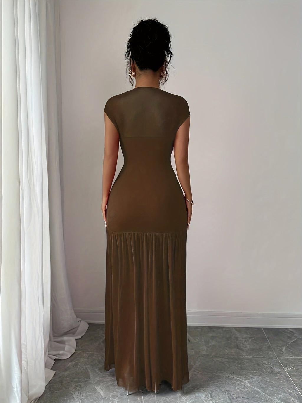 Women’s Ruched Mesh Maxi Dress – Fitted Pleated Elegance