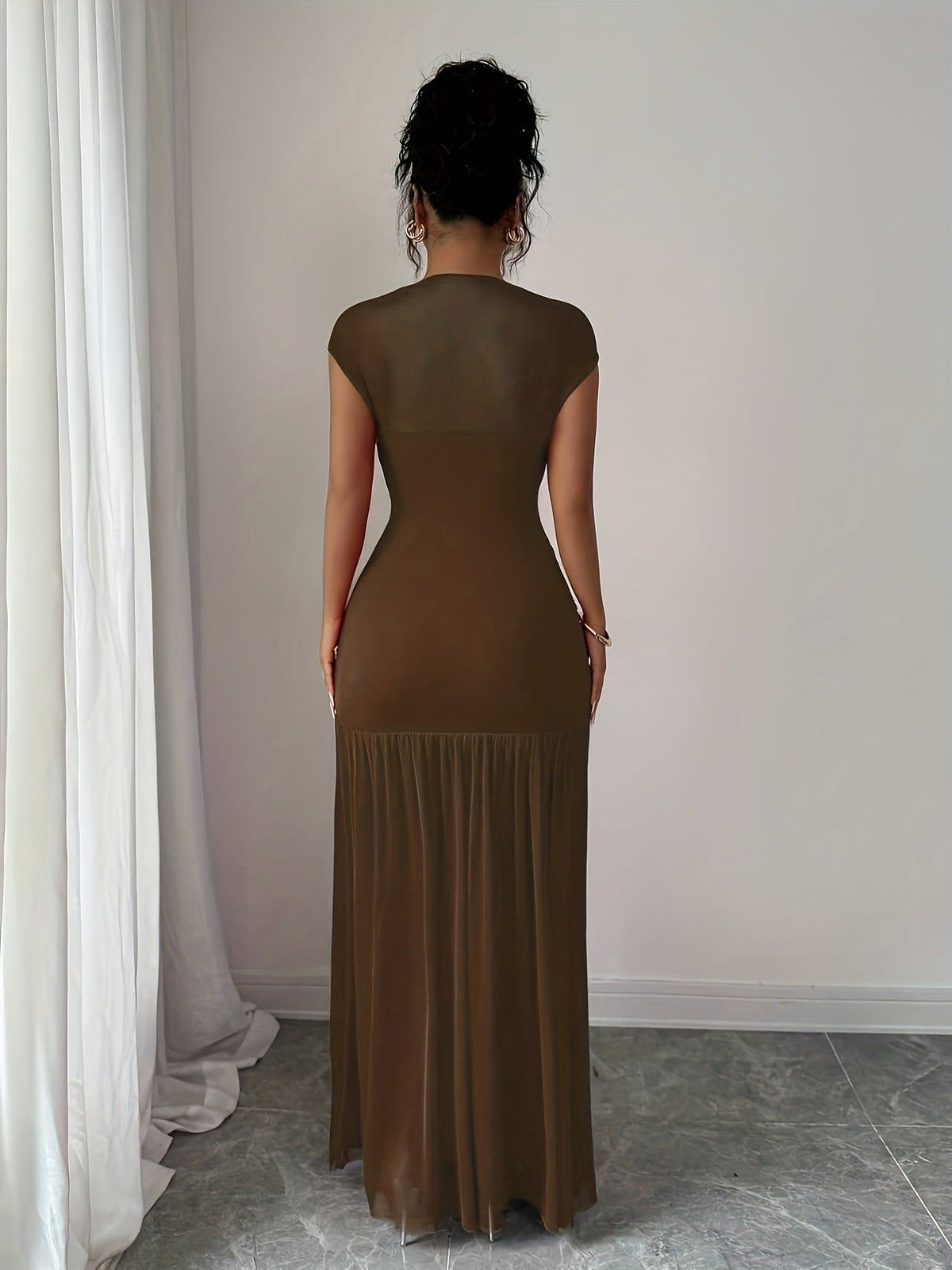 Women’s Ruched Mesh Maxi Dress – Fitted Pleated Elegance