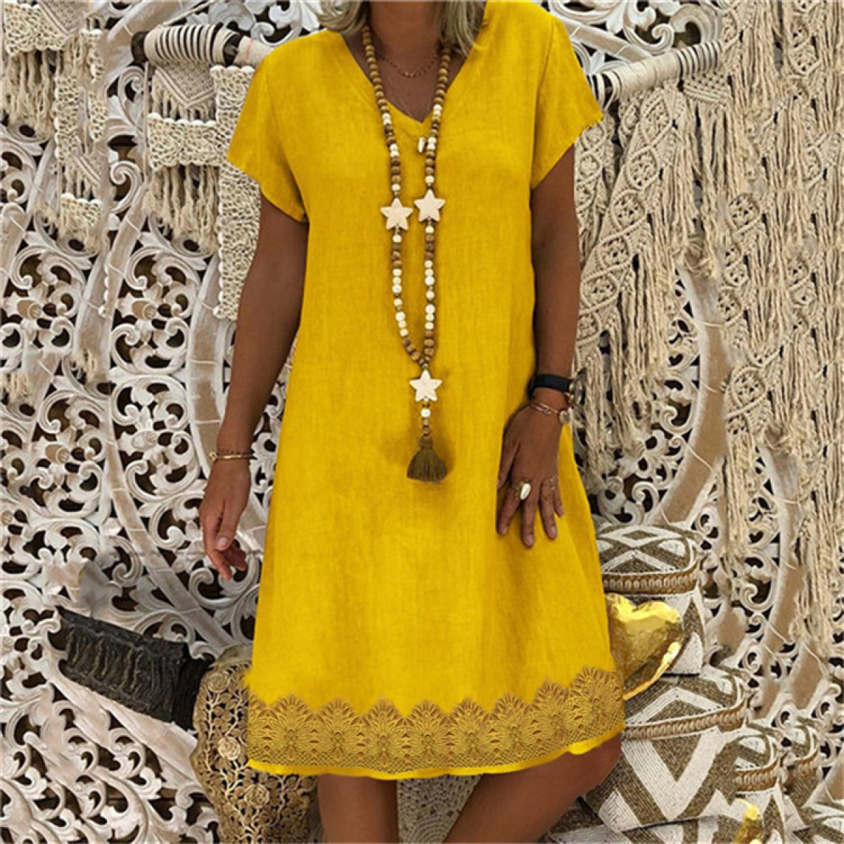 Women's Short Textured V-Neck Dress – A-Line Cut, Short Sleeves