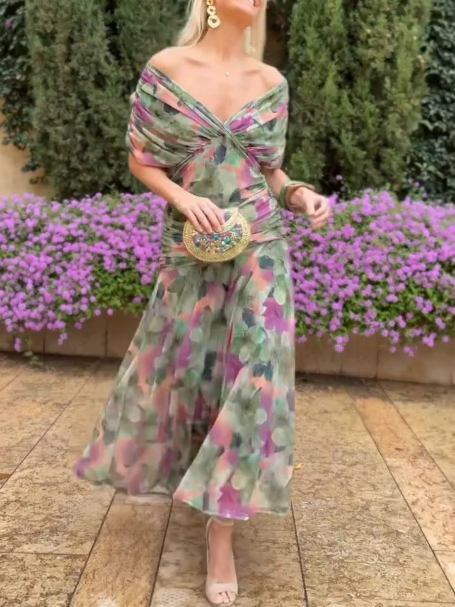 Women's Long Chiffon Dress – V-Neck Printed Short Sleeves