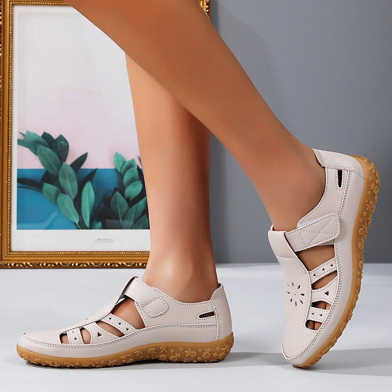 Women's Closed-Toe Sandals – Cutout Upper with Contrasting Topstitching Velcro Closure