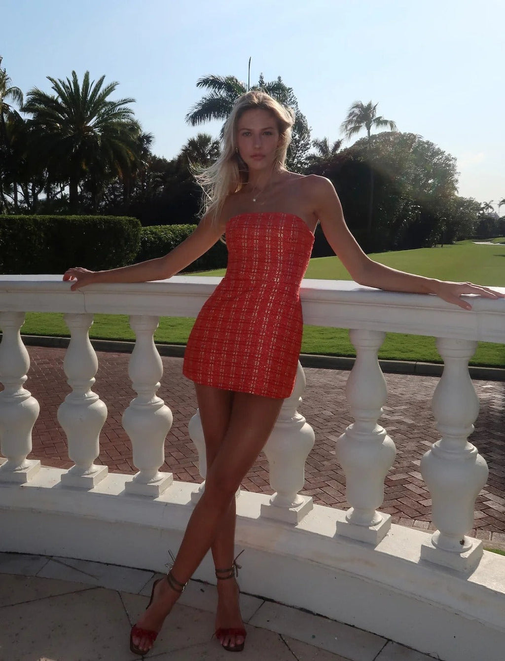 Women's Mini Dress – Backless Bustier, Textured Checkered Fabric
