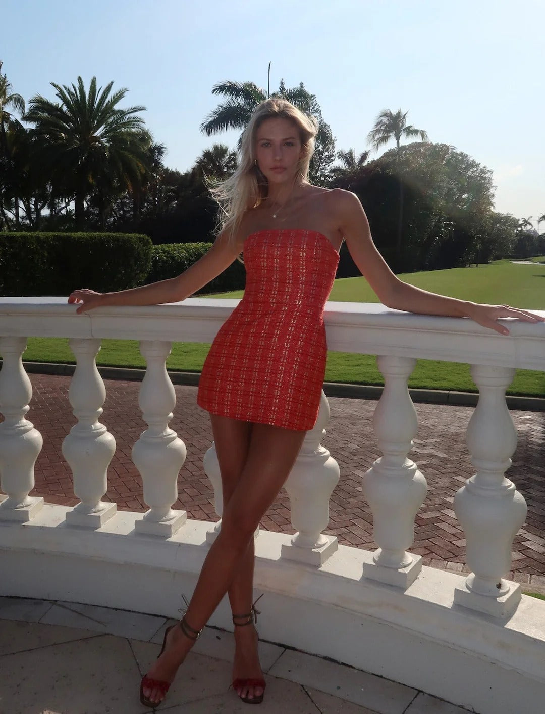 Women's Mini Dress – Backless Bustier, Textured Checkered Fabric