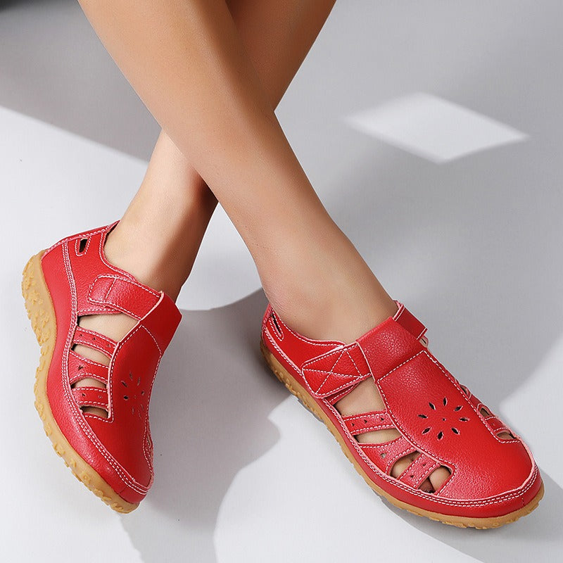 Women's Closed-Toe Sandals – Cutout Upper with Contrasting Topstitching Velcro Closure