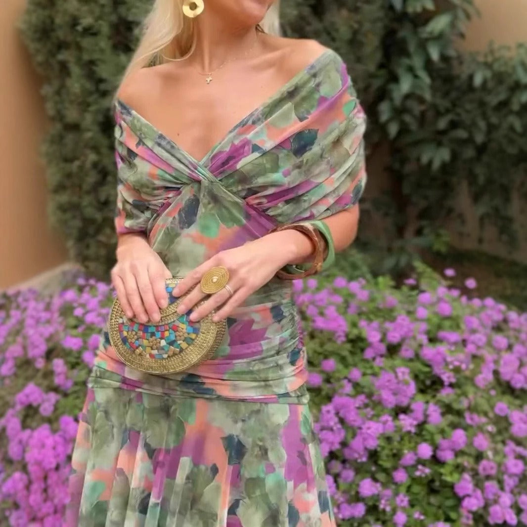 Women's Long Chiffon Dress – V-Neck Printed Short Sleeves