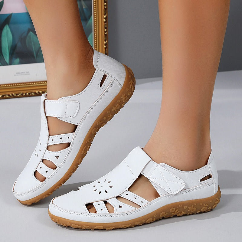 Women's Closed-Toe Sandals – Cutout Upper with Contrasting Topstitching Velcro Closure