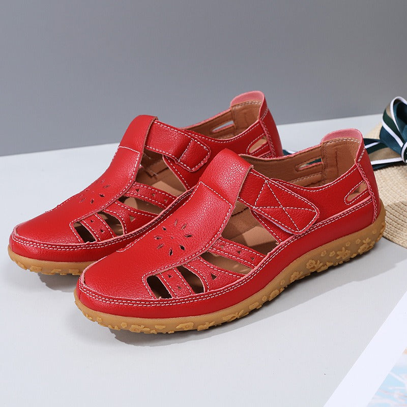 Women's Closed-Toe Sandals – Cutout Upper with Contrasting Topstitching Velcro Closure