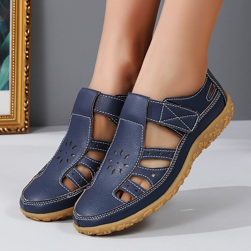 Women's Closed-Toe Sandals – Cutout Upper with Contrasting Topstitching Velcro Closure