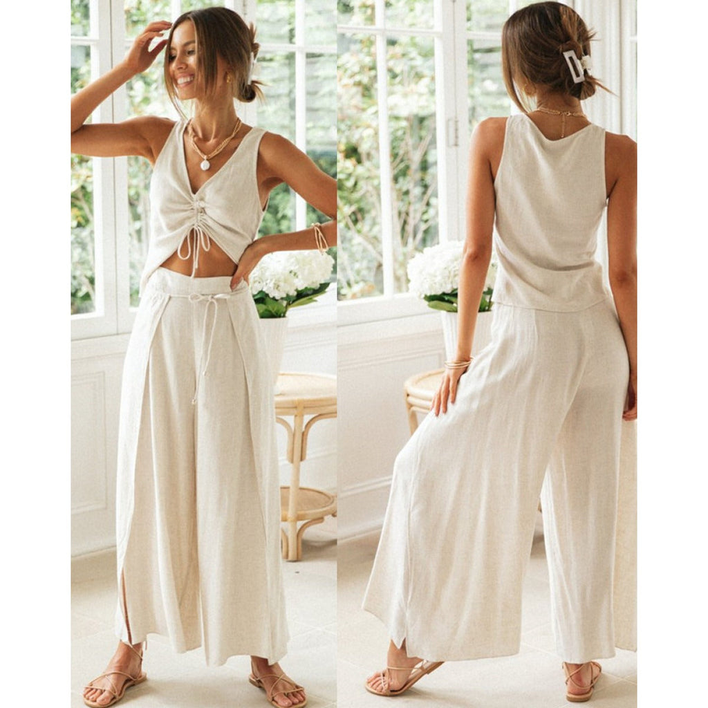Women's Textured Two-Piece Set – V-Neck Crop Top & Wide-Leg Trousers