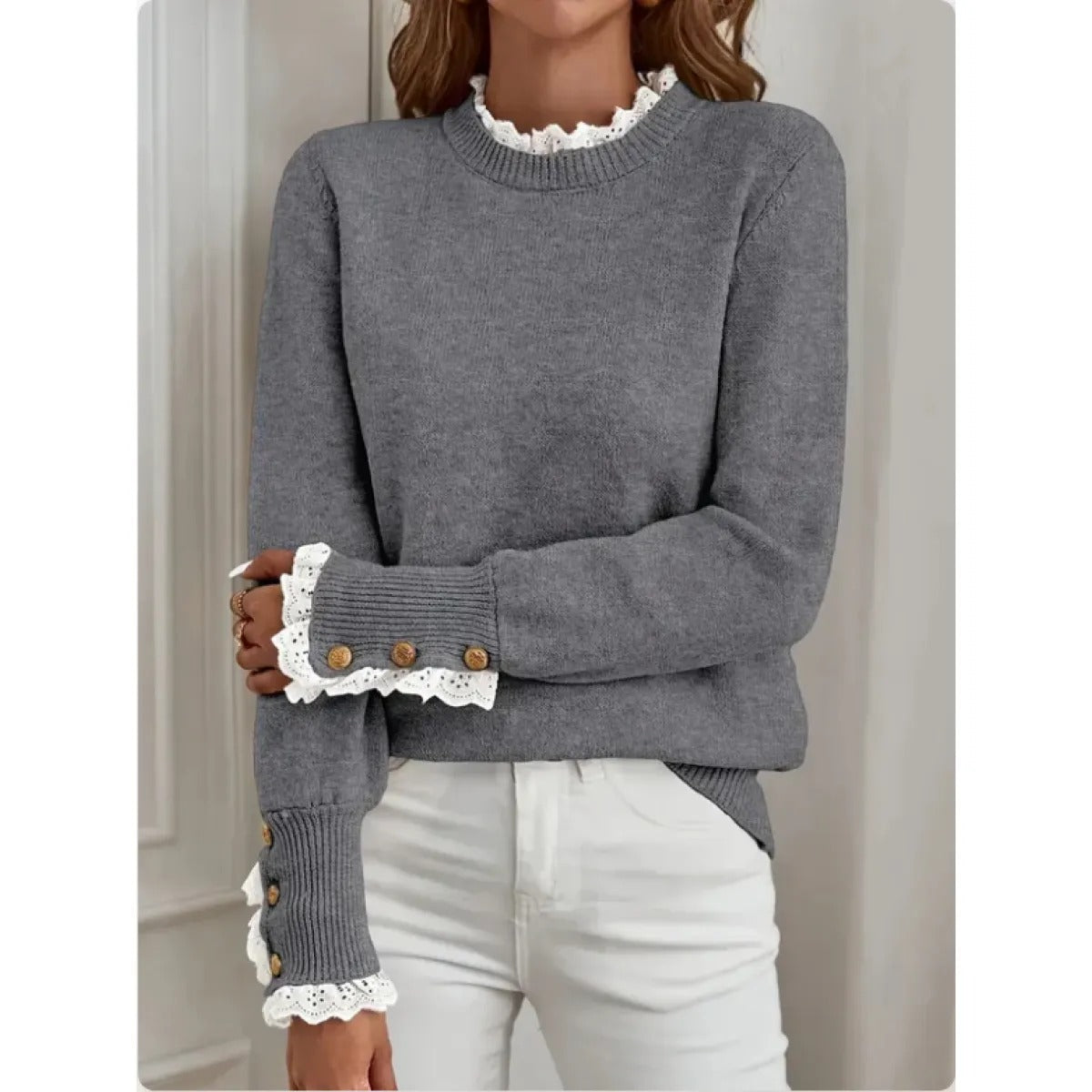 Women's Knit Sweater – Lace Details and Ribbed Cuffs