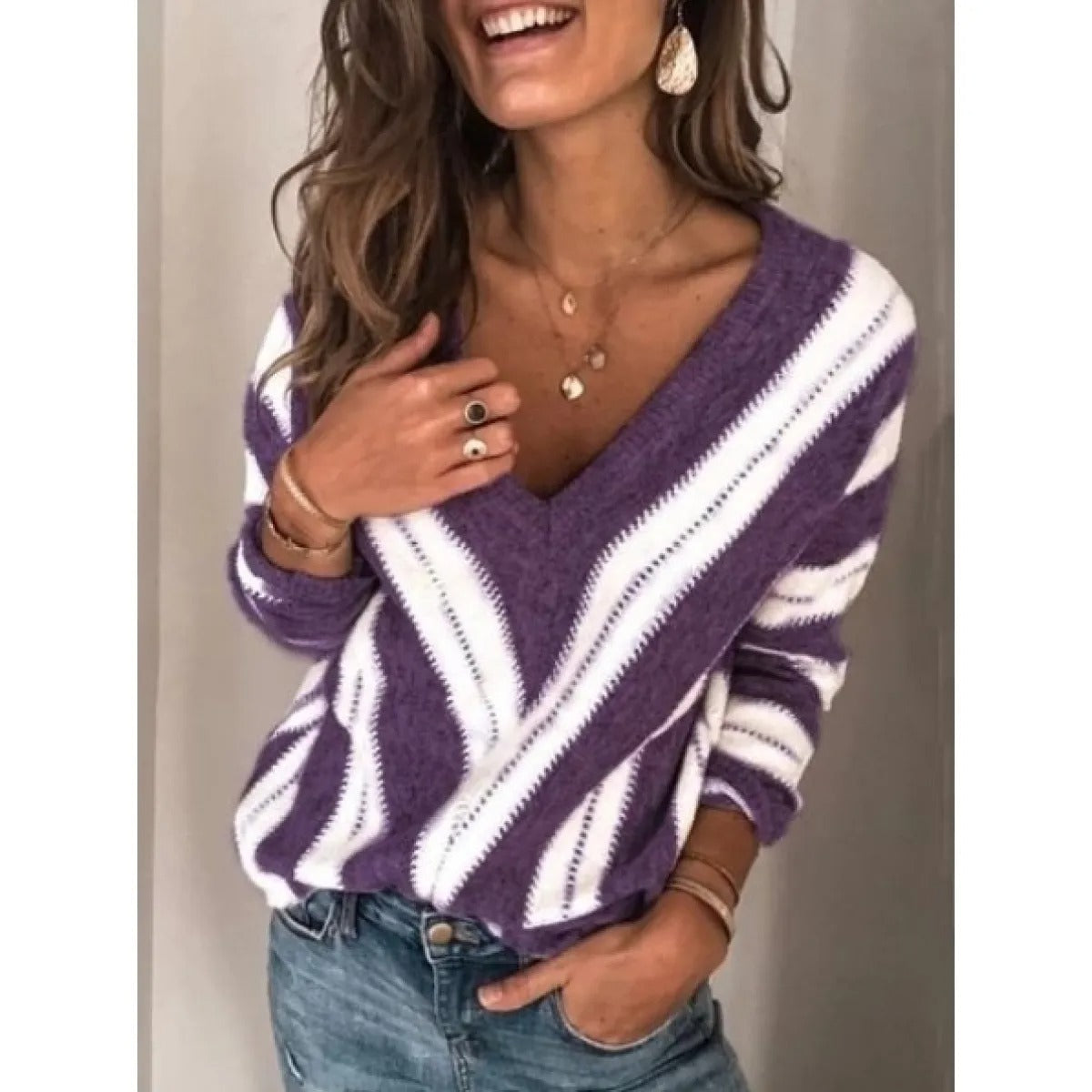 Women's V-Neck Knitwear – Chevron Stripes, Loose Fit