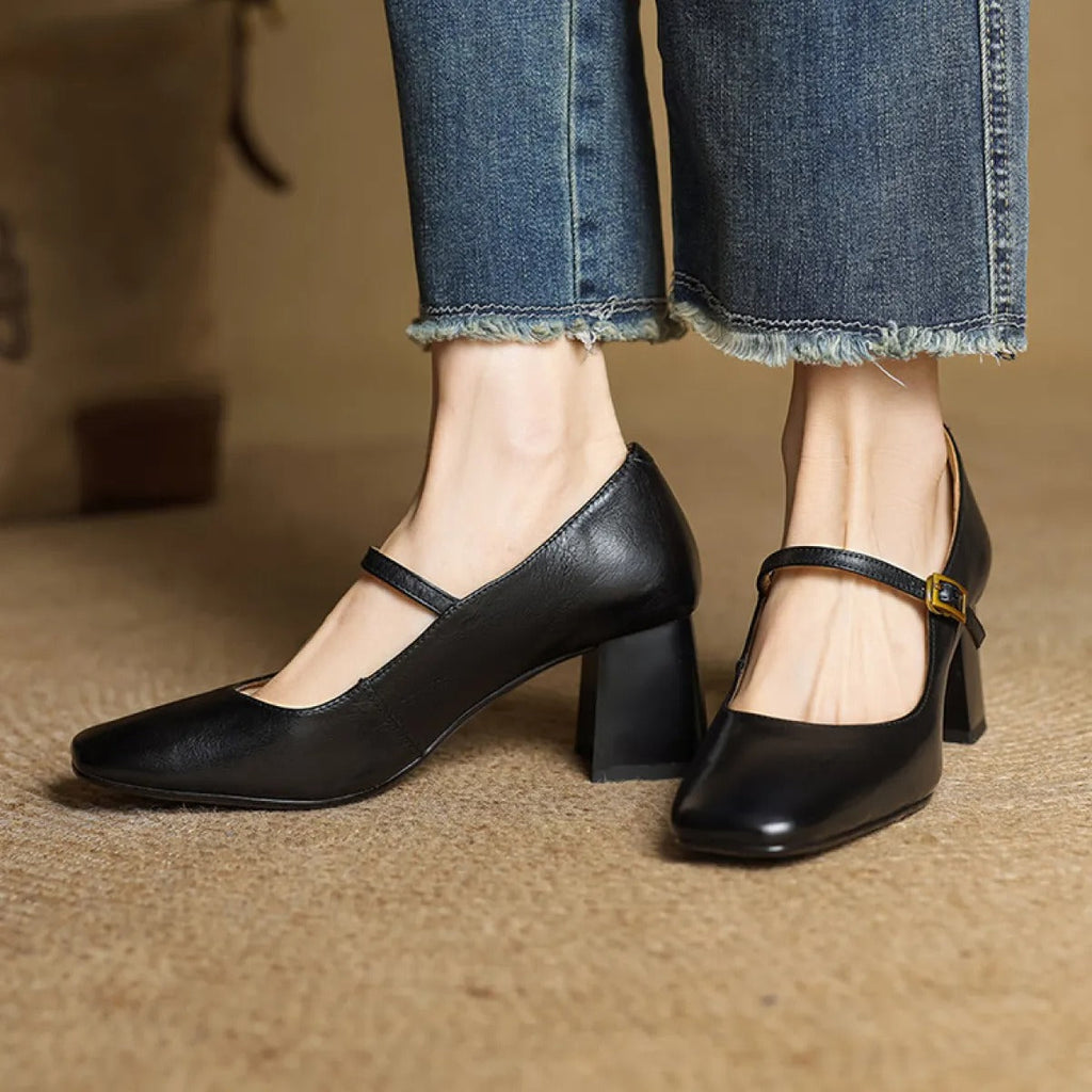 Women's Genuine Leather Pumps – Soft Upper with Block Heel