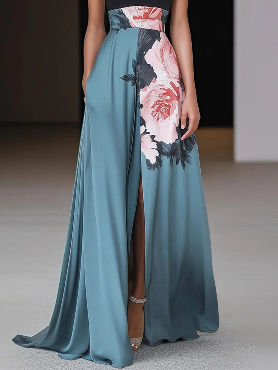 Women's Long Dress Floral Print – Halter Neck Sleeveless with Slit