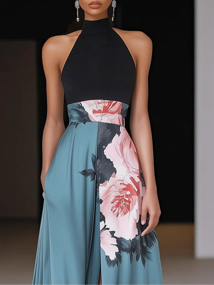 Women's Long Dress Floral Print – Halter Neck Sleeveless with Slit