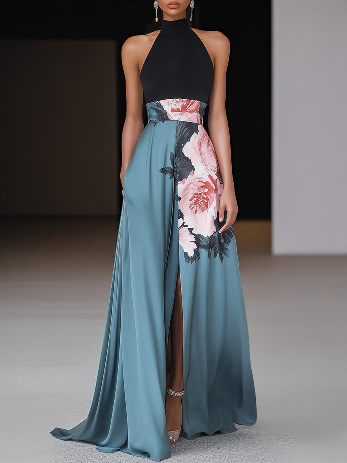 Women's Long Dress Floral Print – Halter Neck Sleeveless with Slit