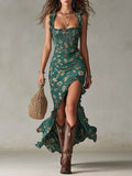 Women's Long Floral Dress – Ruched Bustier and Asymmetric Ruffles