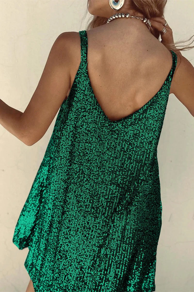 Women's Sequin Mini Dress – Plunging V-Back & Bodycon Fit