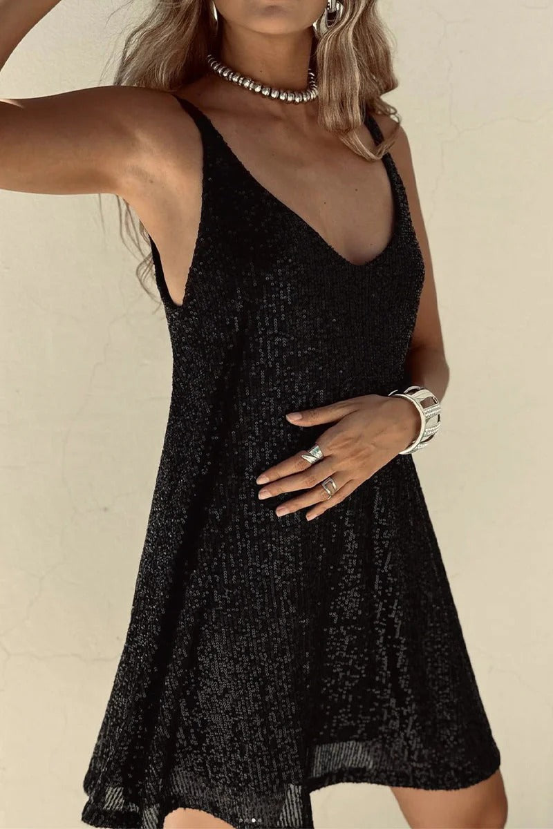 Women's Sequin Mini Dress – Plunging V-Back & Bodycon Fit