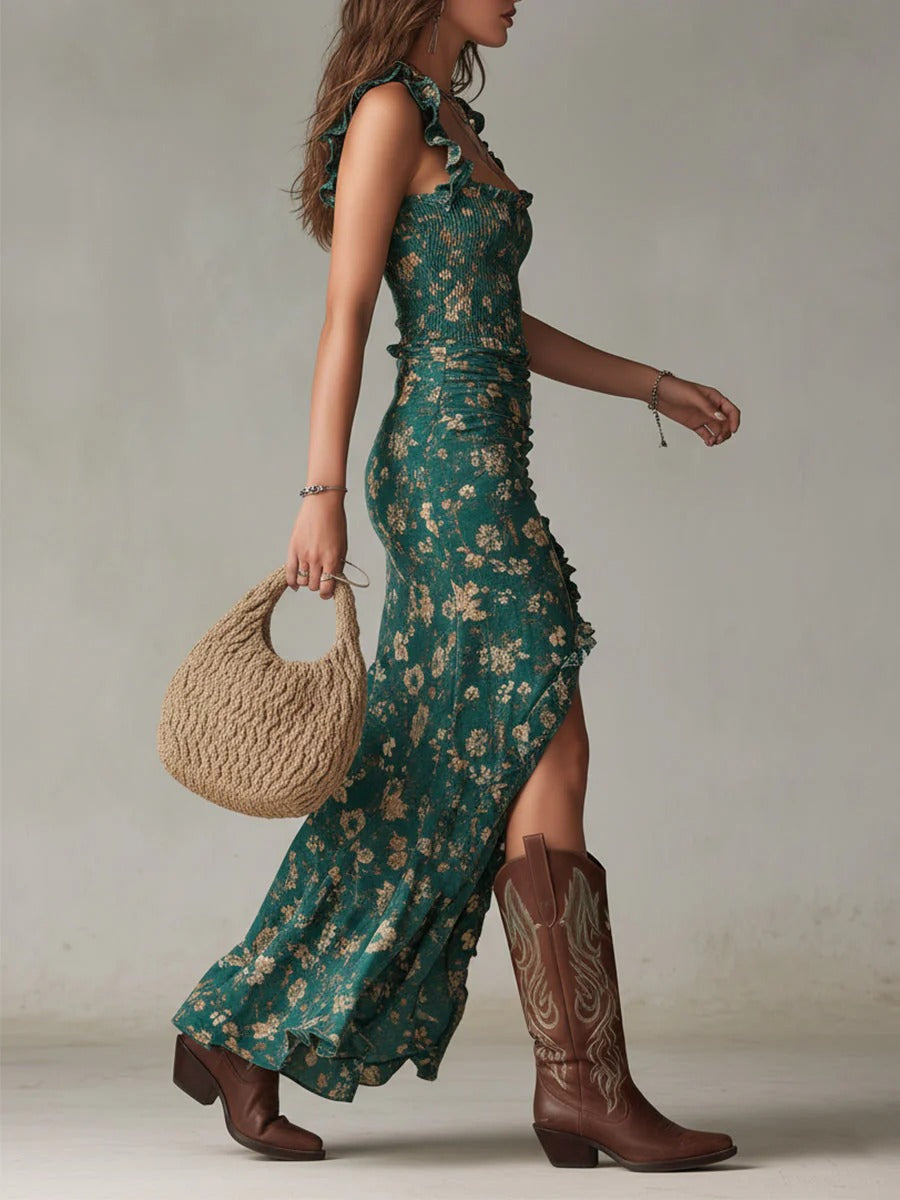 Women's Long Floral Dress – Ruched Bustier and Asymmetric Ruffles