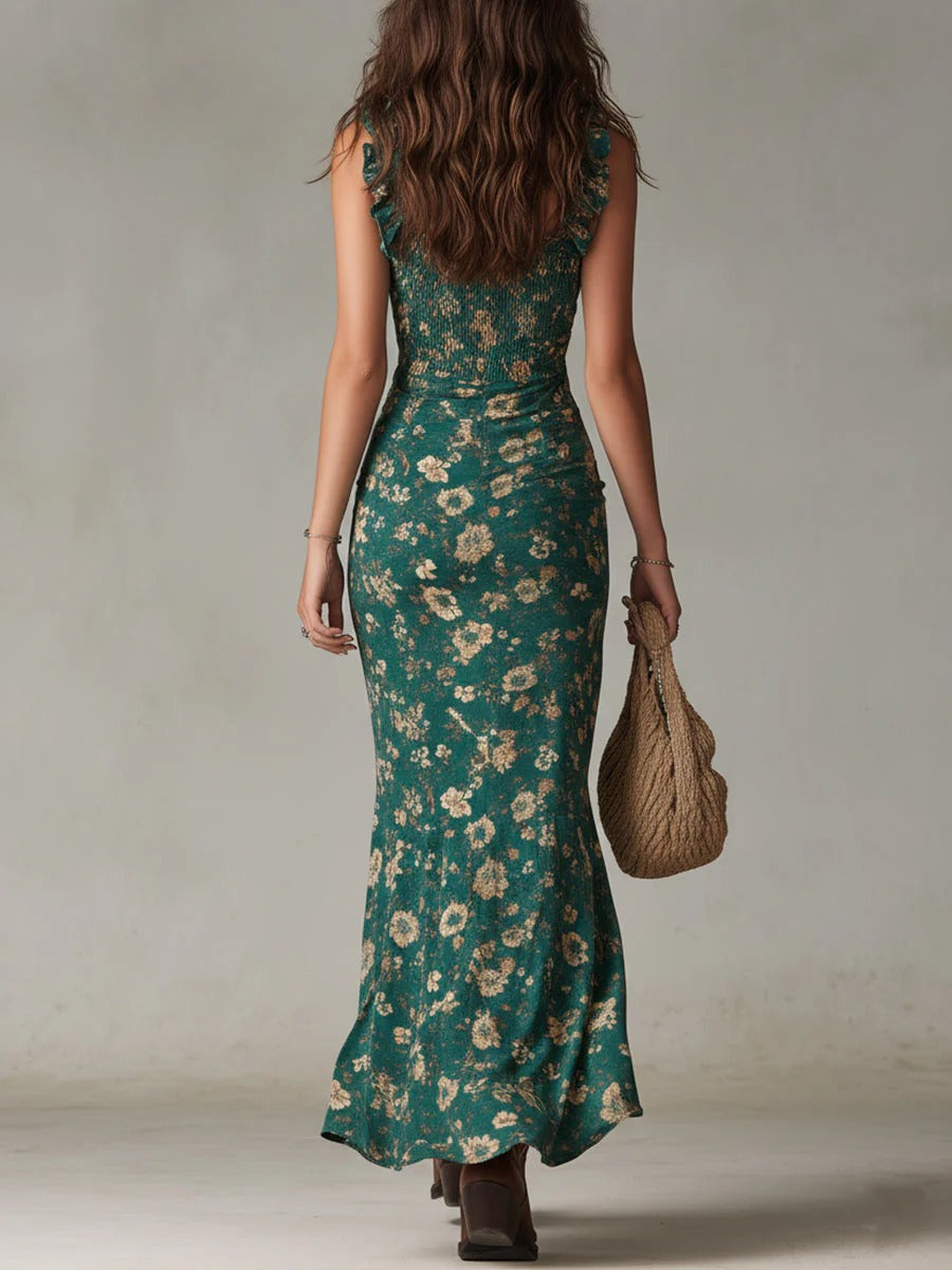 Women's Long Floral Dress – Ruched Bustier and Asymmetric Ruffles